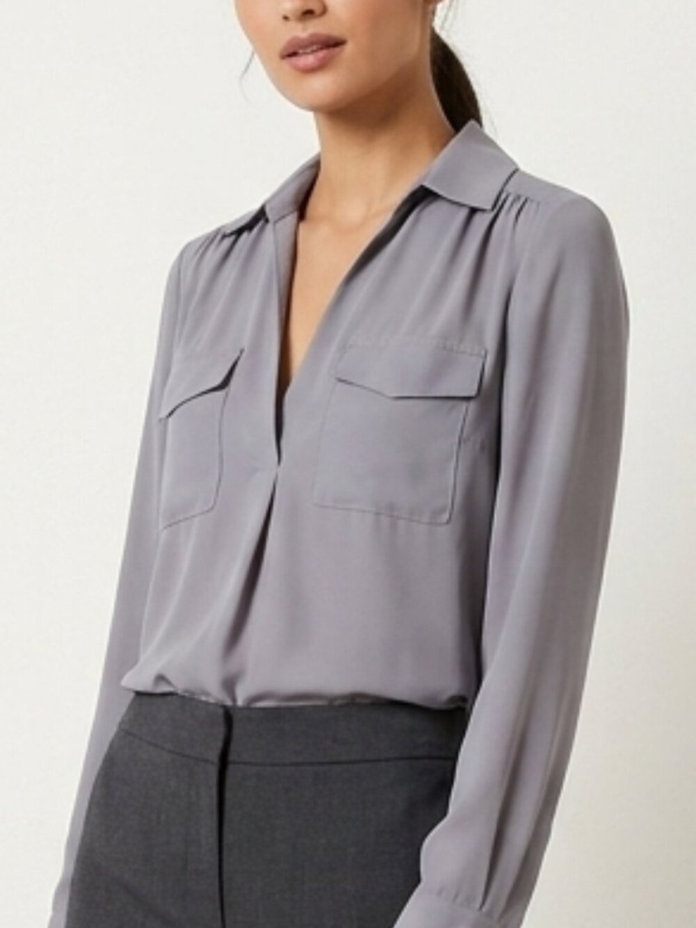Ann Taylor XS Gray Utility Popover Blouse with Pocket Detail